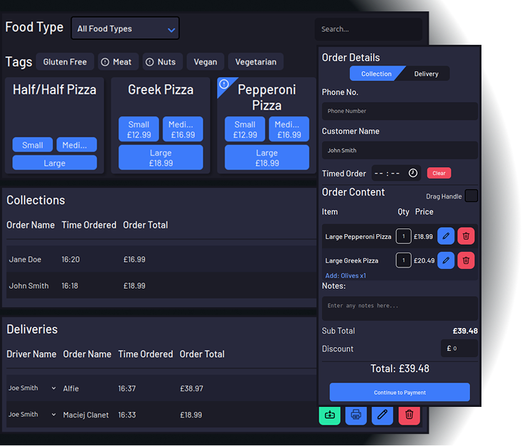 screens showing features relating to taking orders